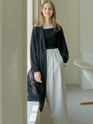 Linen Long Knit Cardigan - BLACK