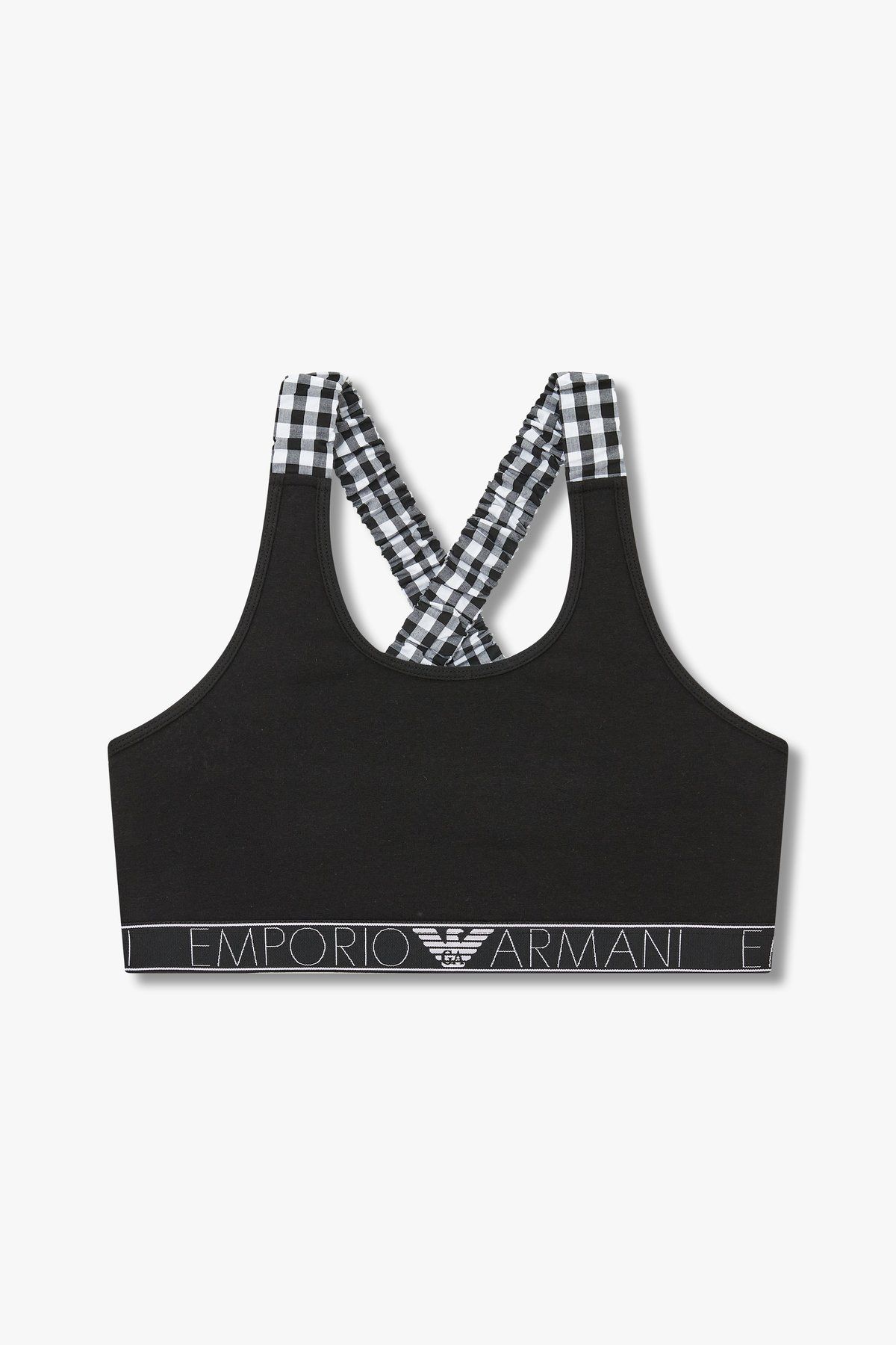 엠포리오 아르마니 언더웨어(EMPORIO ARMANI UNDERWEAR) 여성 깅엄 체크 스트랩 크롭 탑_블랙_0824114506