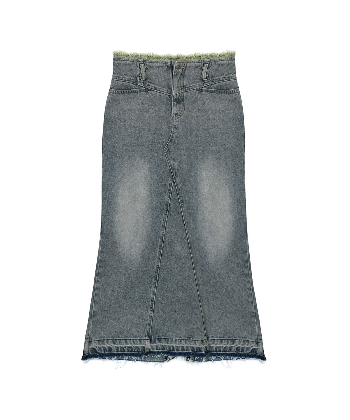 닉앤니콜(NICK&NICOLE) WASHED FRINGE LONG DENIM SKIRT_BLUE