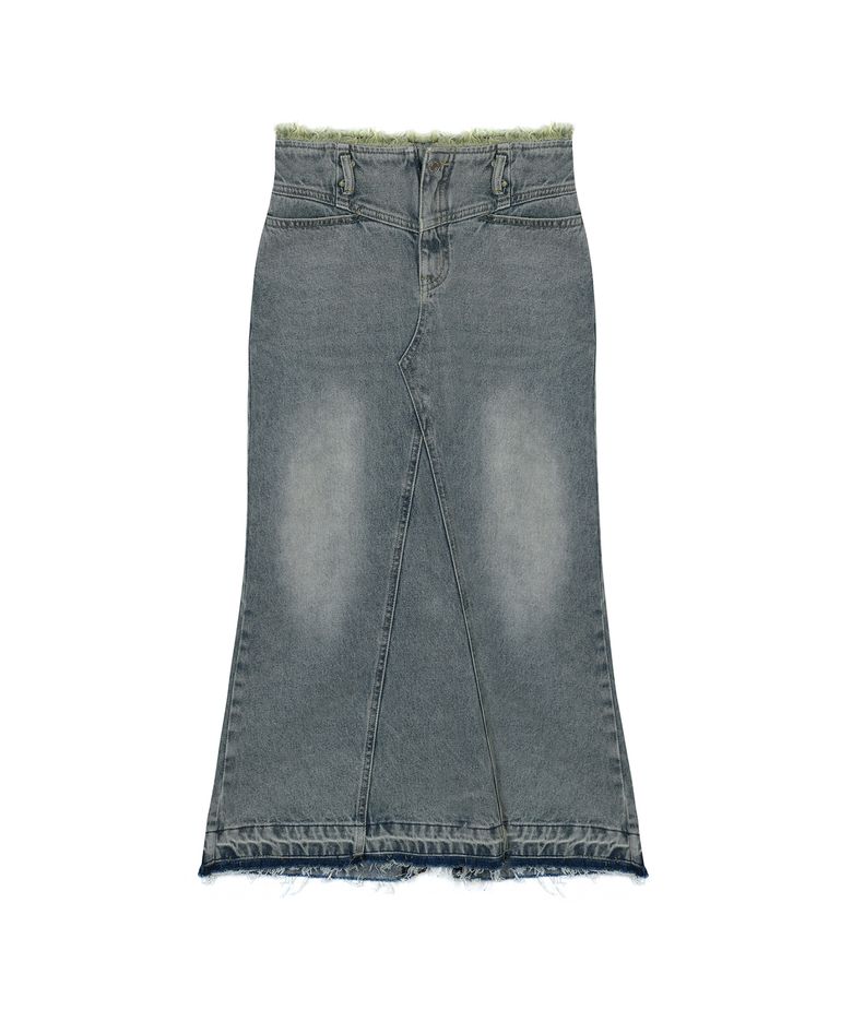 [문가영 착용] WASHED FRINGE LONG DENIM SKIRT_BLUE