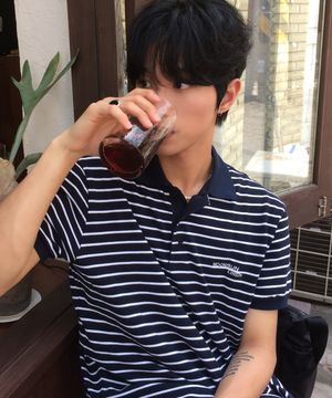 01 M.C UNISEX, Stripe PK Half Shirt / Navy