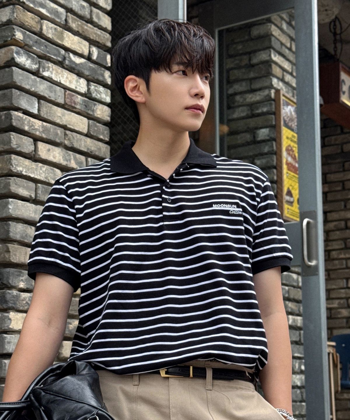 문선(MOONSUN) 01 M.C UNISEX, Stripe PK Half Shirt / Black