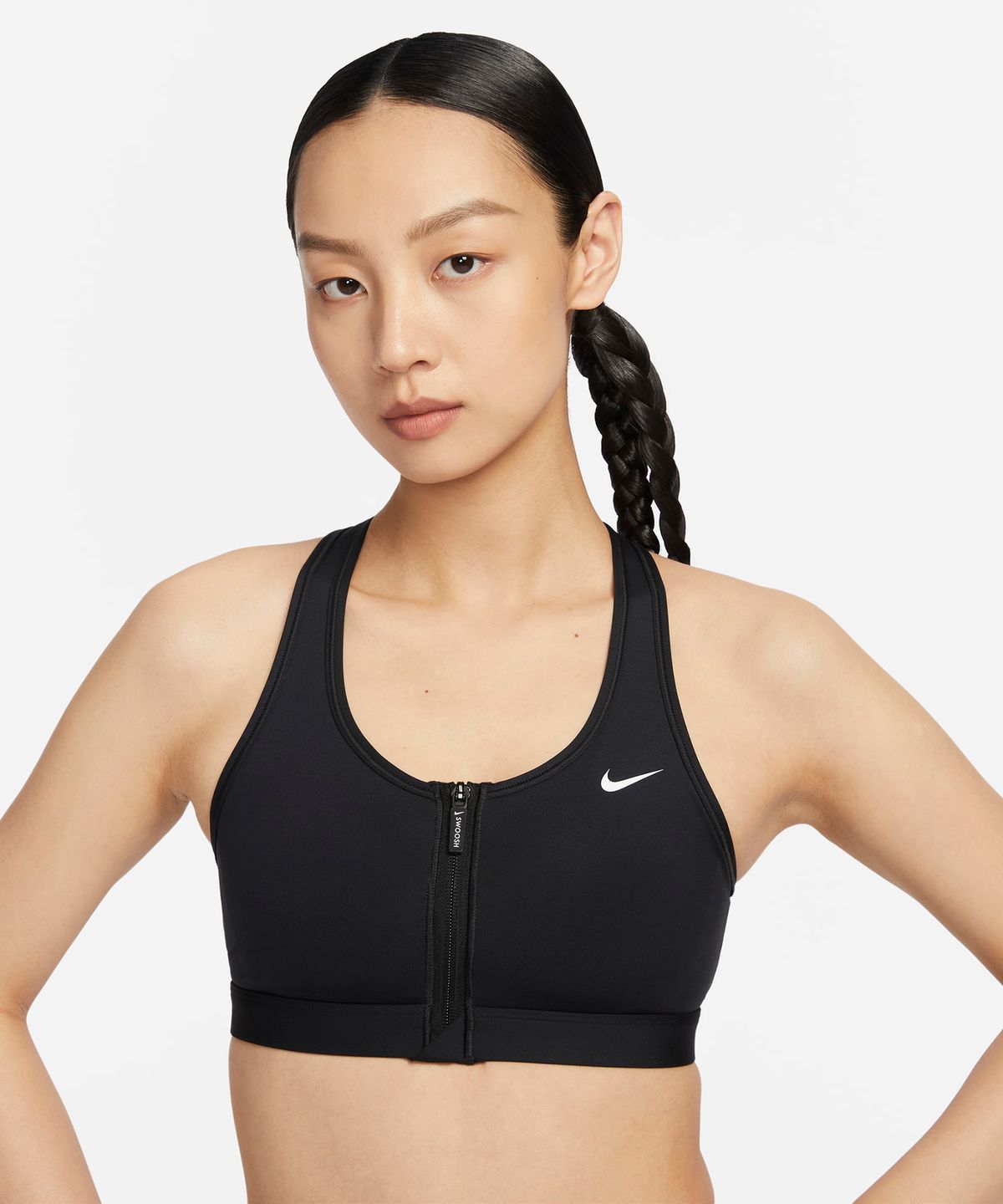 나이키(NIKE) 스우시 프런트 지퍼 미디엄 서포트 패드 스포츠 브라 W - 블랙:화이트 / FN2732-010
