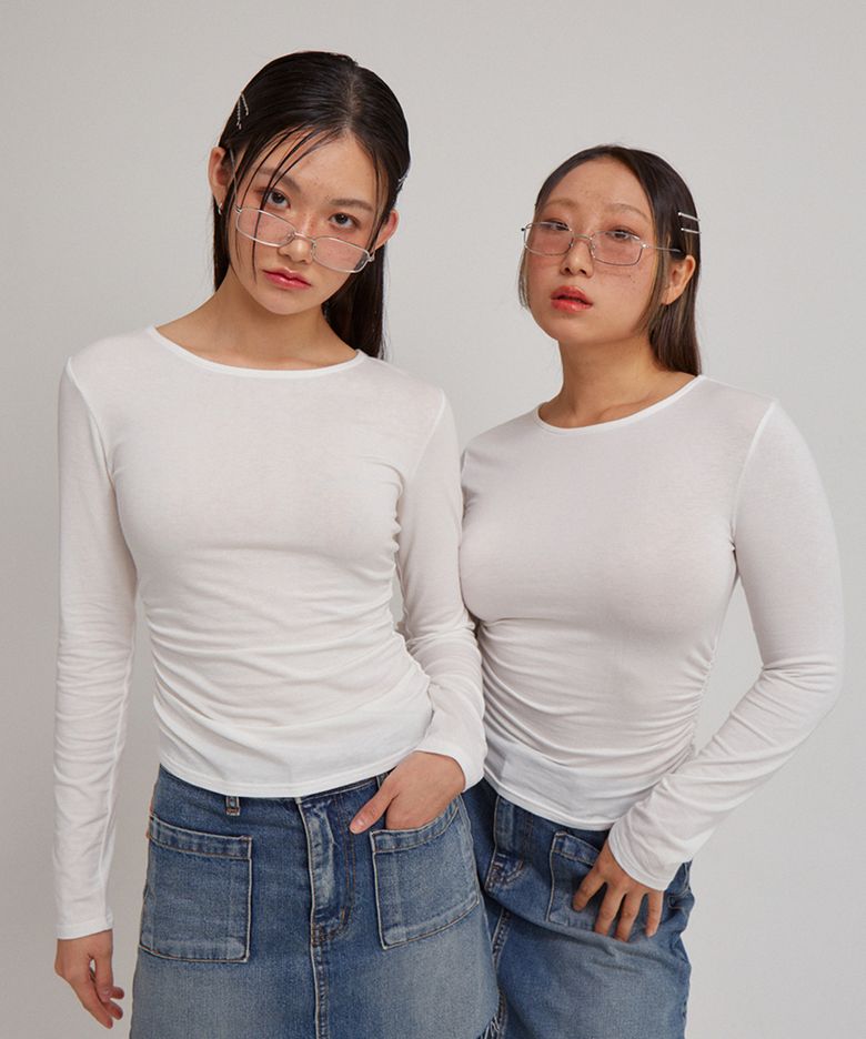 Basic Shirring Long Sleeve T_ White