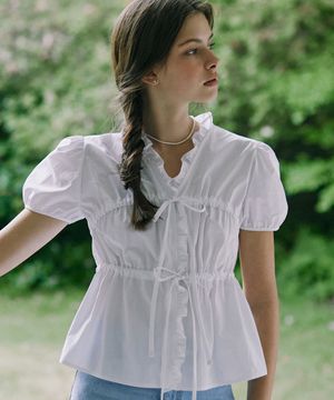 Ribbon Shirring Puff Sleeve Blouse - White