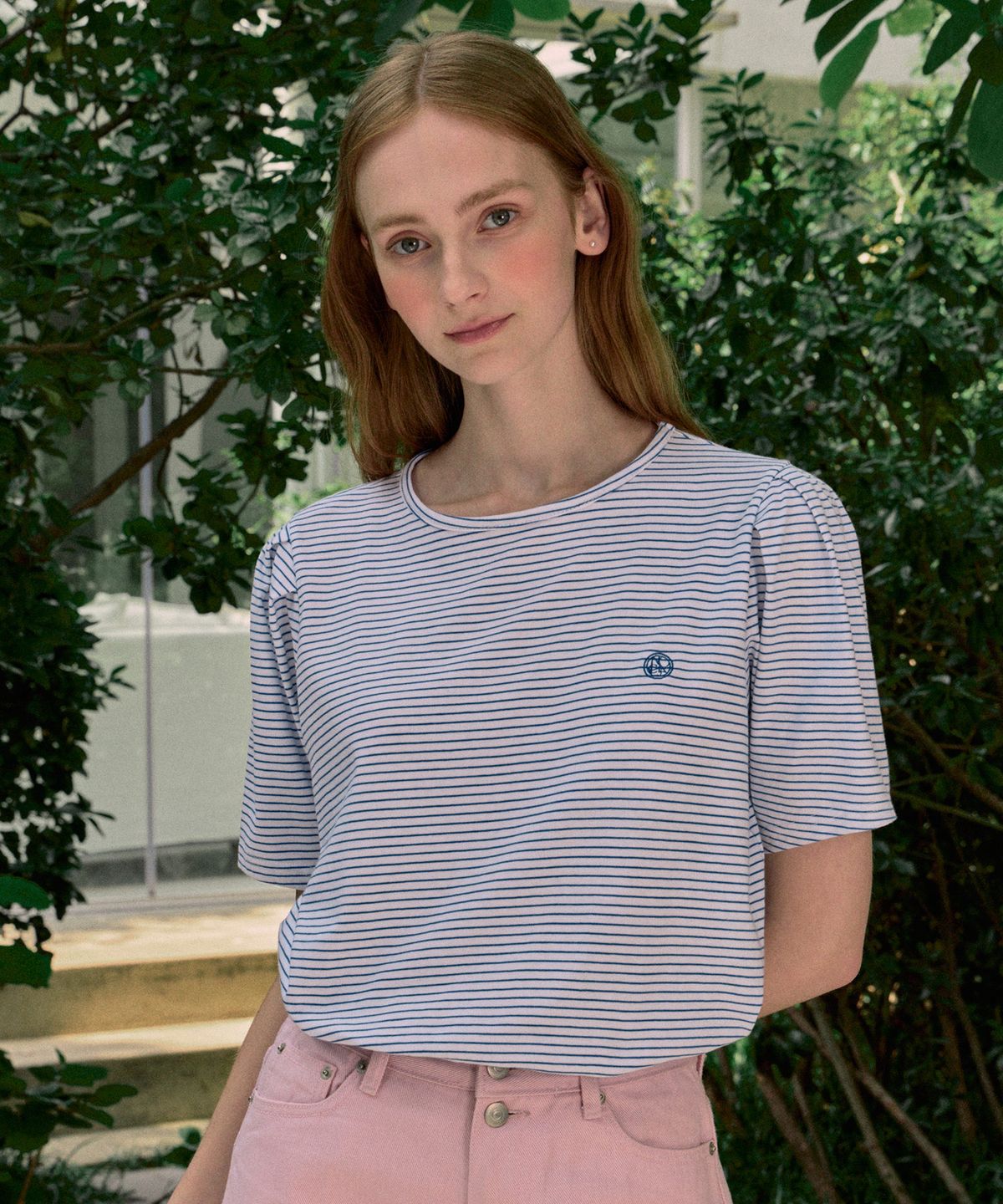 논로컬(NONLOCAL) Volume Sleeve Logo Stripe T-shirt - Blue