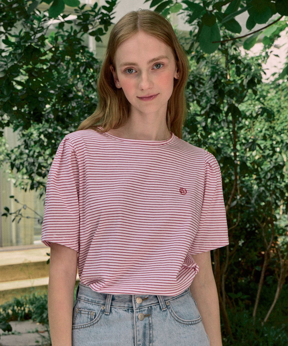 논로컬(NONLOCAL) Volume Sleeve Logo Stripe T-shirt - Red