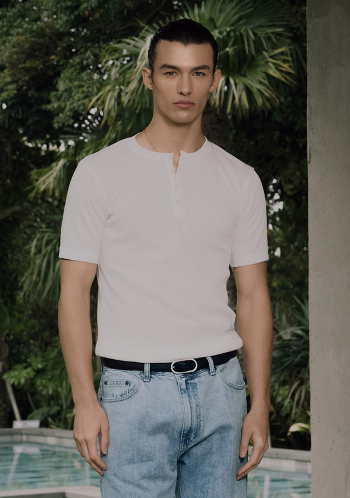 세비지(SAVAGE) Henley Neck Jersey Half Sleeve - White