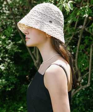 Crochet Knit Bonnet Hat - Light Beige