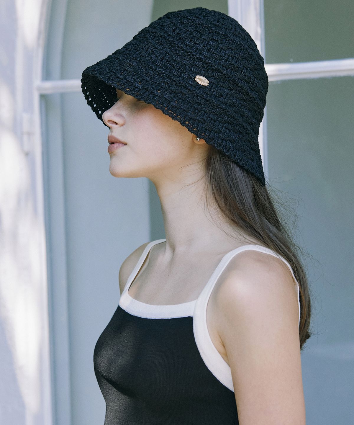 논로컬(NONLOCAL) Crochet Knit Bonnet Hat - Black