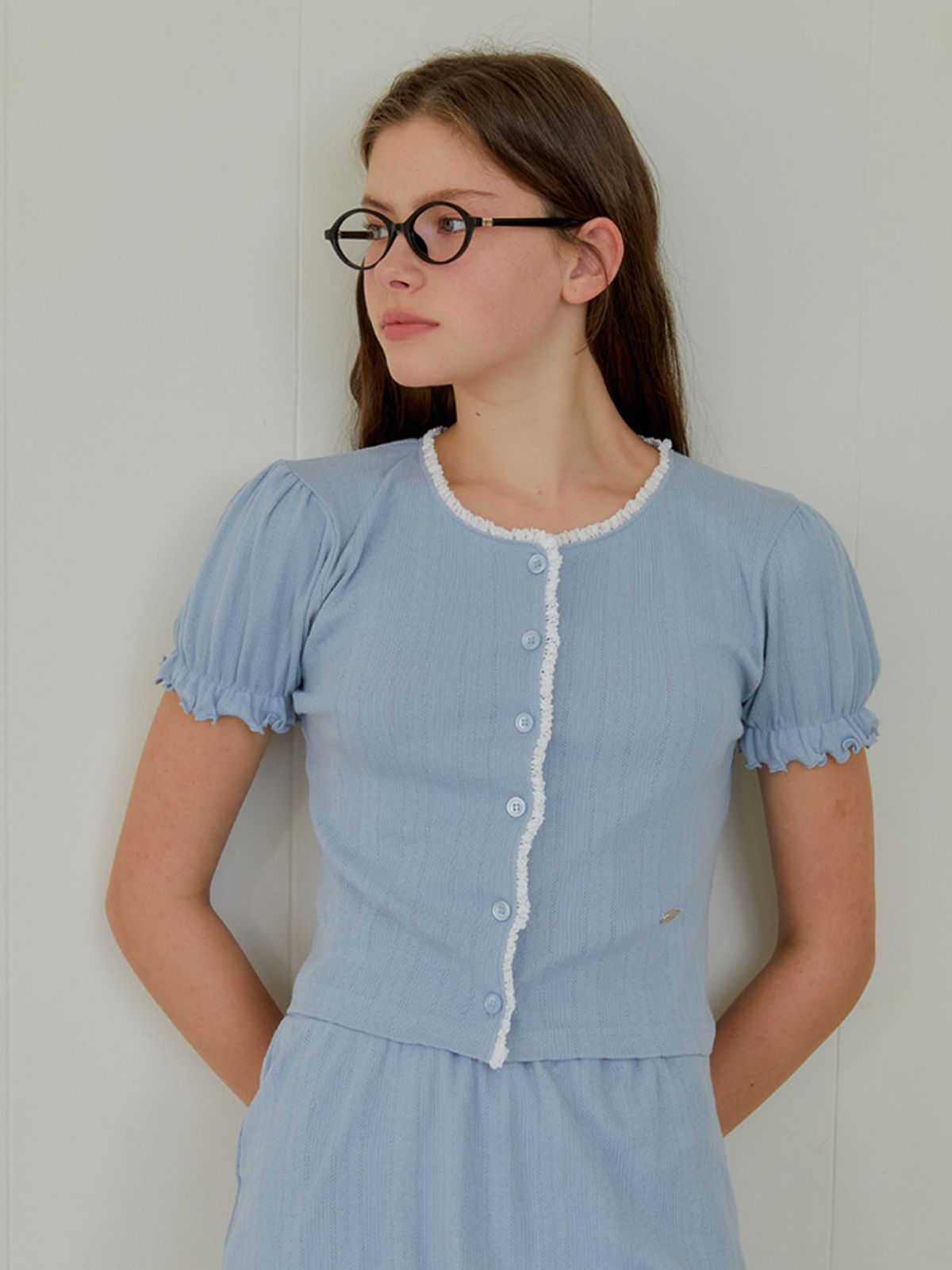 아노에틱(ANOETIC) LACE HALF CARDIGAN_SKY BLUE