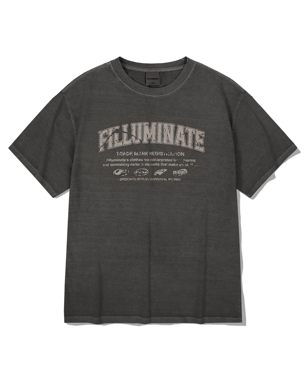 필루미네이트(FILLUMINATE) 데미지 그래픽 피그먼트 티셔츠-차콜