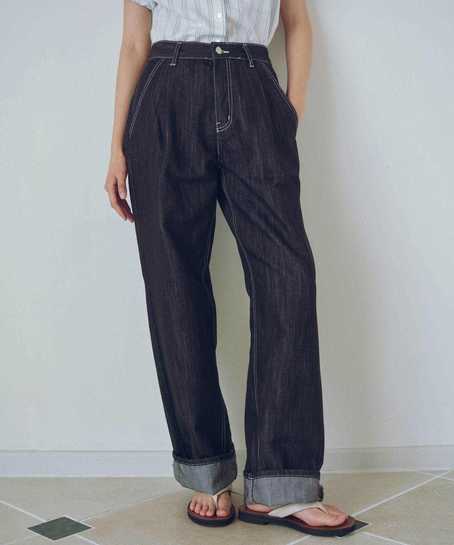 大人 可愛い 服  URAGO | MUSINSA Stitch denim wide raw パンツ