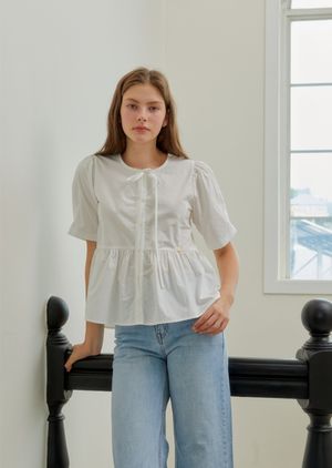 HALF SLEEVE RIBBON BLOUSE_WHITE