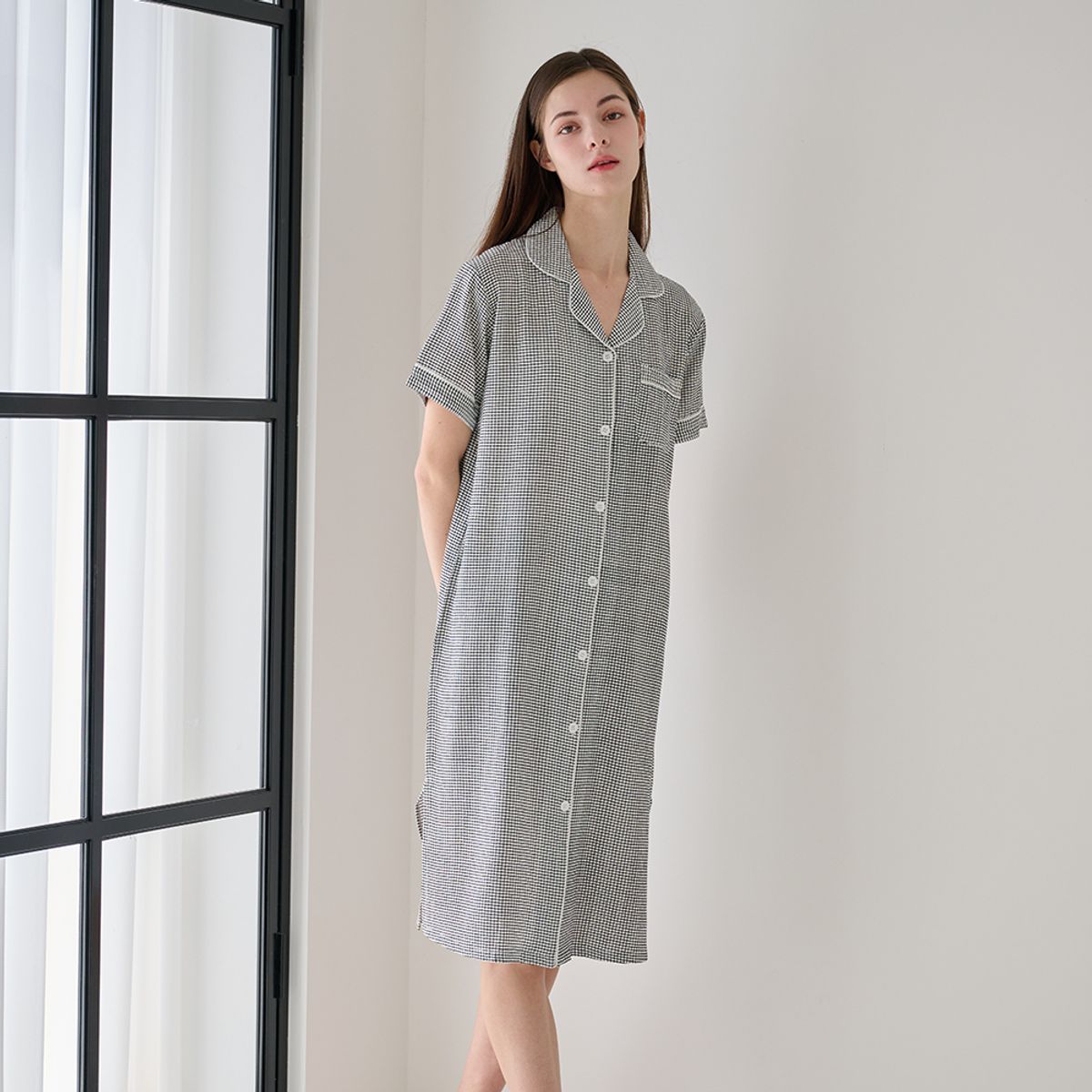 테라우드 홈웨어(TERAWOOD HOMEWEAR) 깅엄체크 반팔 원피스