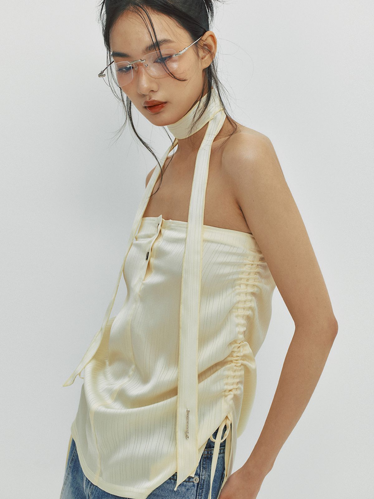 민더리(MEENDERI) SATIN LOGO SCARF - LEMON