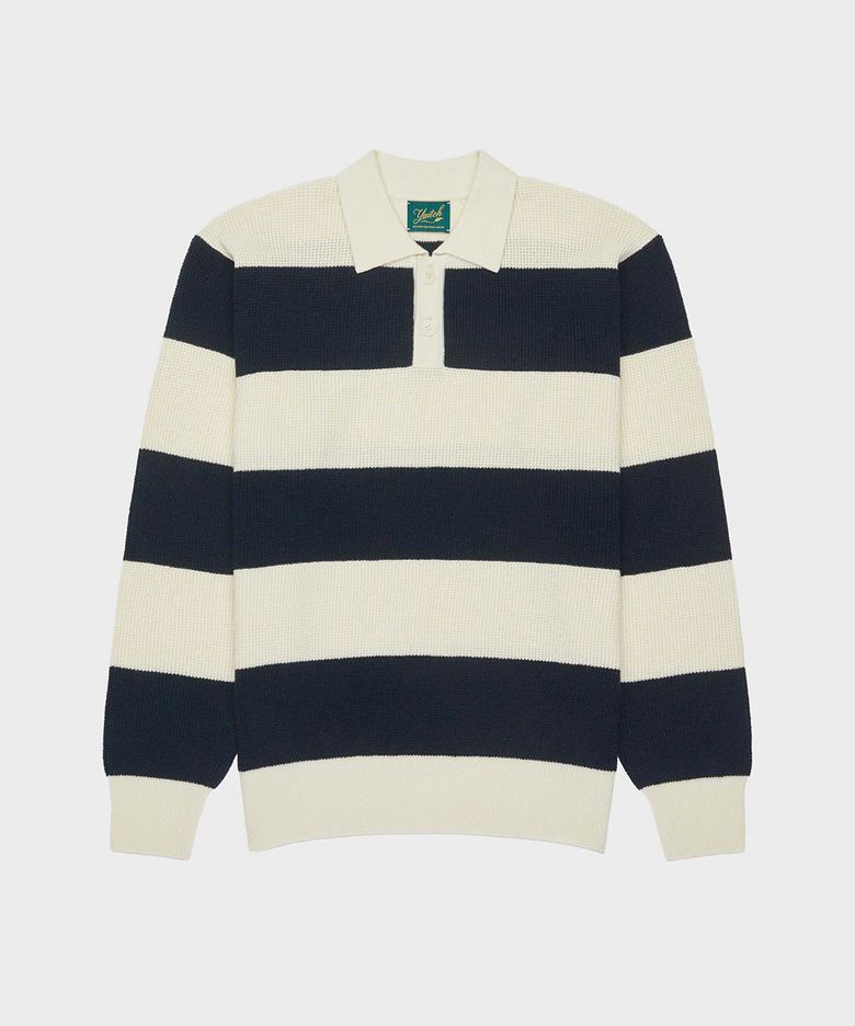 Striped Merino Wool Waffle Rugby - Golden Blue