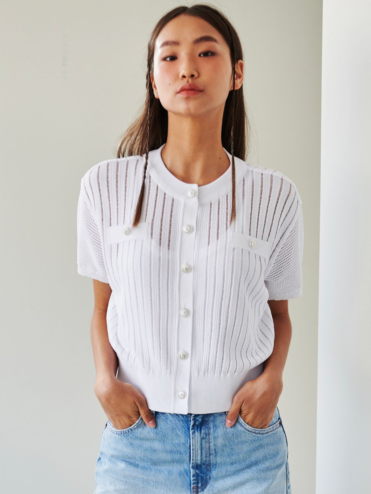 로희어패럴(ROHEE APPAREL) 디스트로이드 반팔 니트 가디건 / 화이트