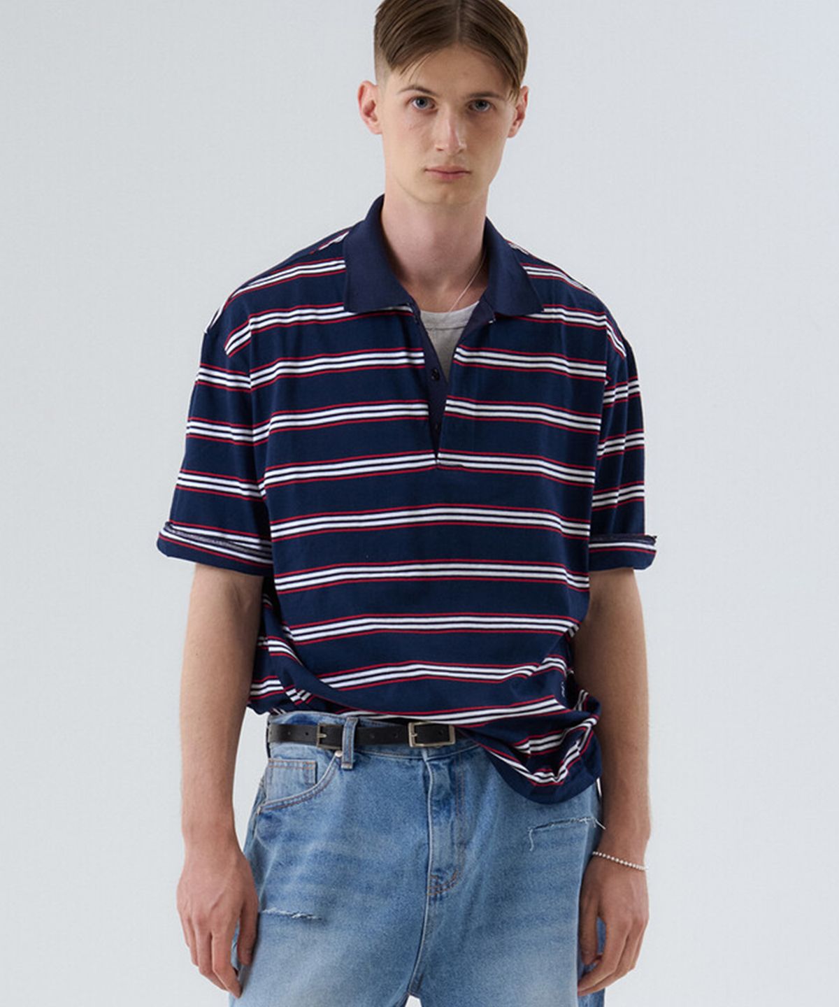 윈더(WINDER) STRIPED COTTON SUMMER POLO - RED NAVY