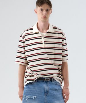 STRIPED COTTON SUMMER POLO - RED IVORY