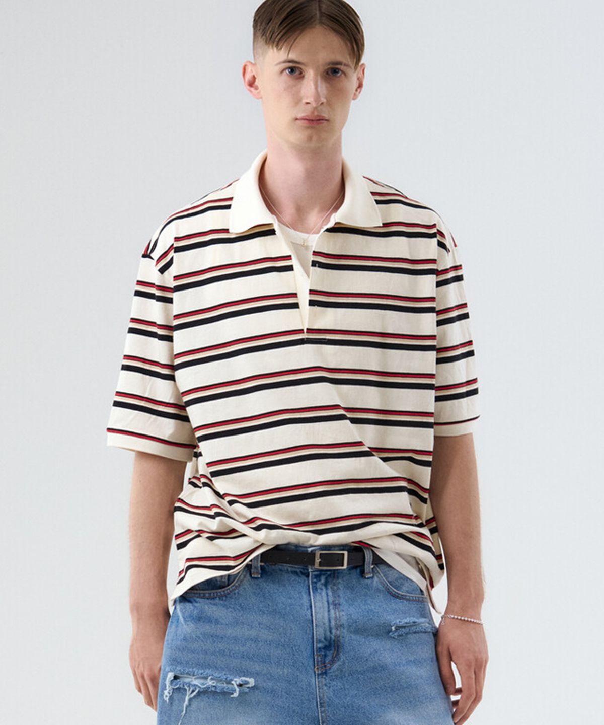 윈더(WINDER) STRIPED COTTON SUMMER POLO - RED IVORY