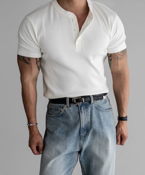 리브드 헨리넥 머슬 니트티 [아이보리]