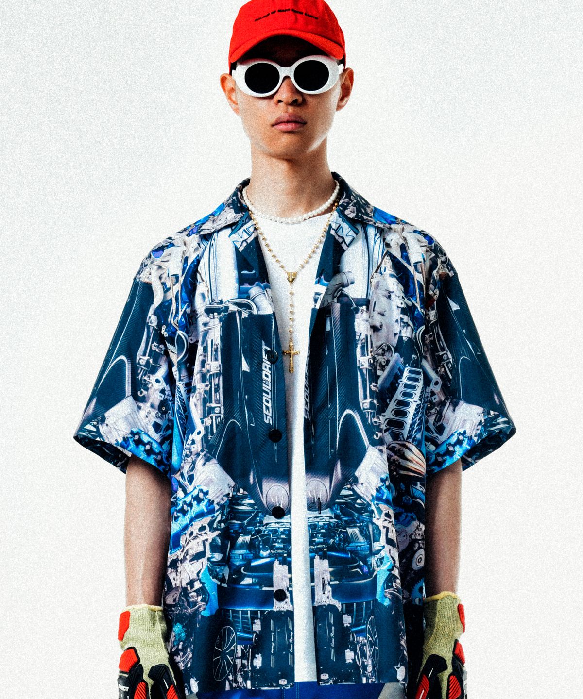 씨오엠이(COME) [UNISEX] Automobile Parts Camp-Collar Printed Shirt (Blue)