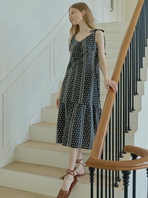 Ethnic Pattern Ribbon Dress - BLACK