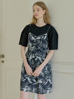 Leaves Pattern Balloon Mini Dress - BLACK