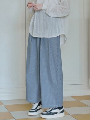 Striped Banding Wide Pants - NAVY
