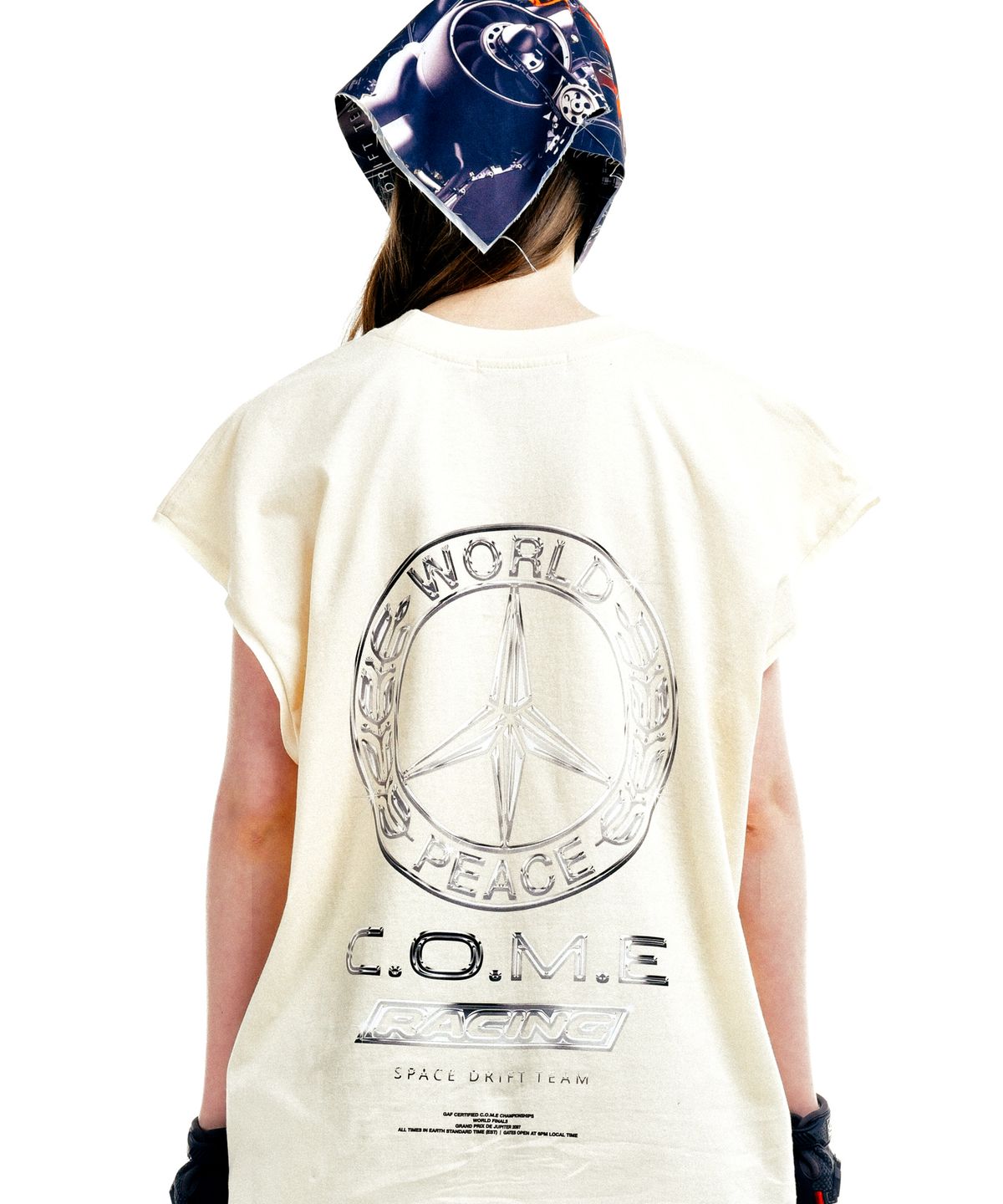 씨오엠이(COME) [UNISEX] WORLD PEACE Oversized Raw Edge Sleeveless T-Shirt (Beige)