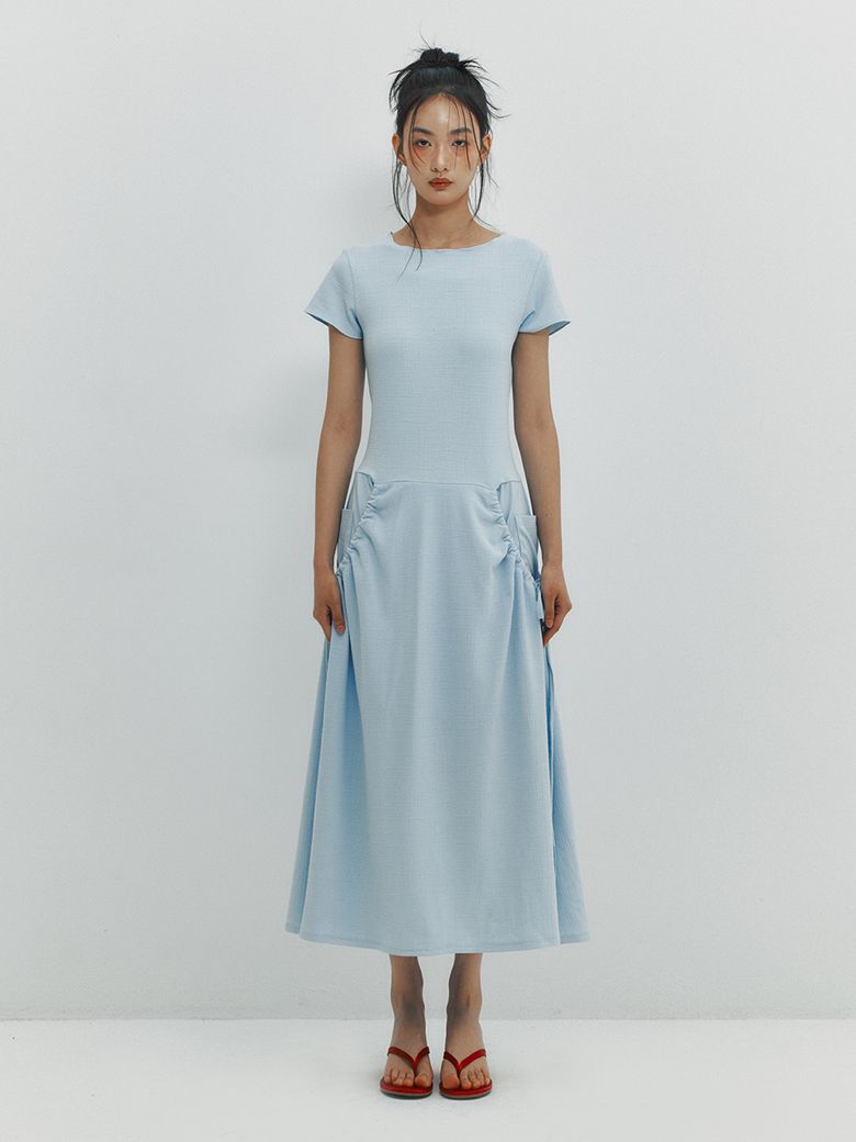 SHIRRING POCKET MAXI DRESS - SKY BLUE