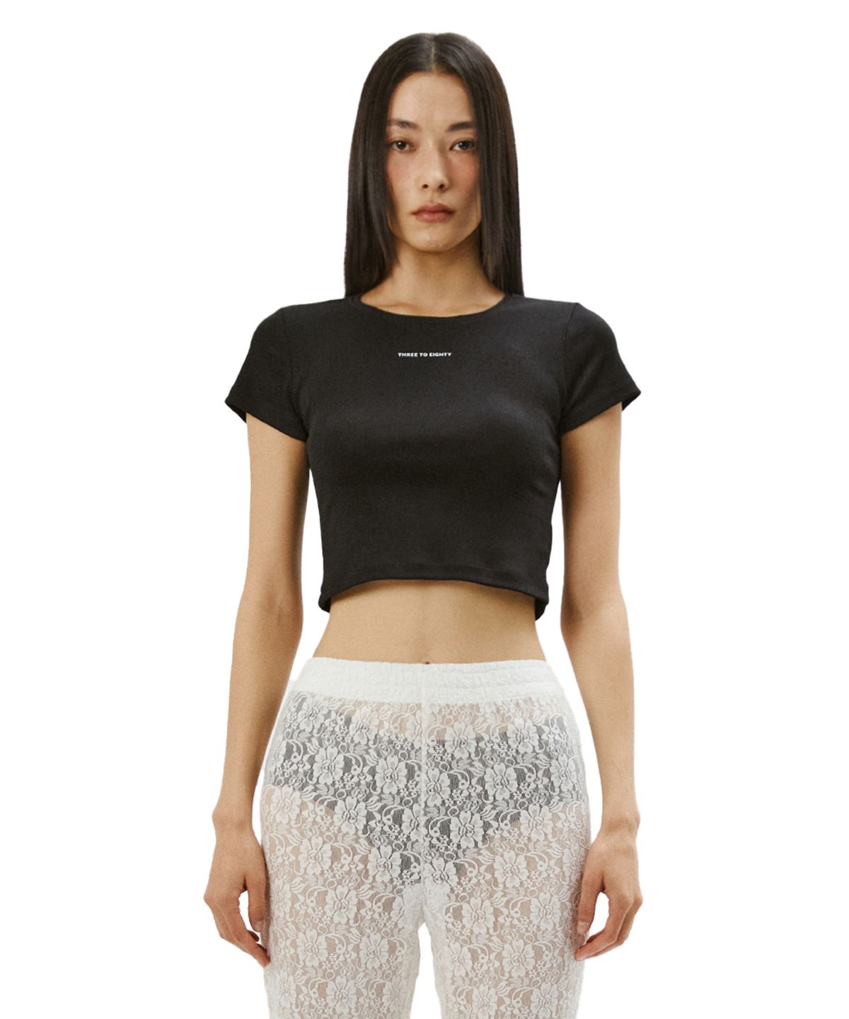 쓰리투에이티(THREE TO EIGHTY) BASIC LOGO CROP T-SHIRT (BLACK)