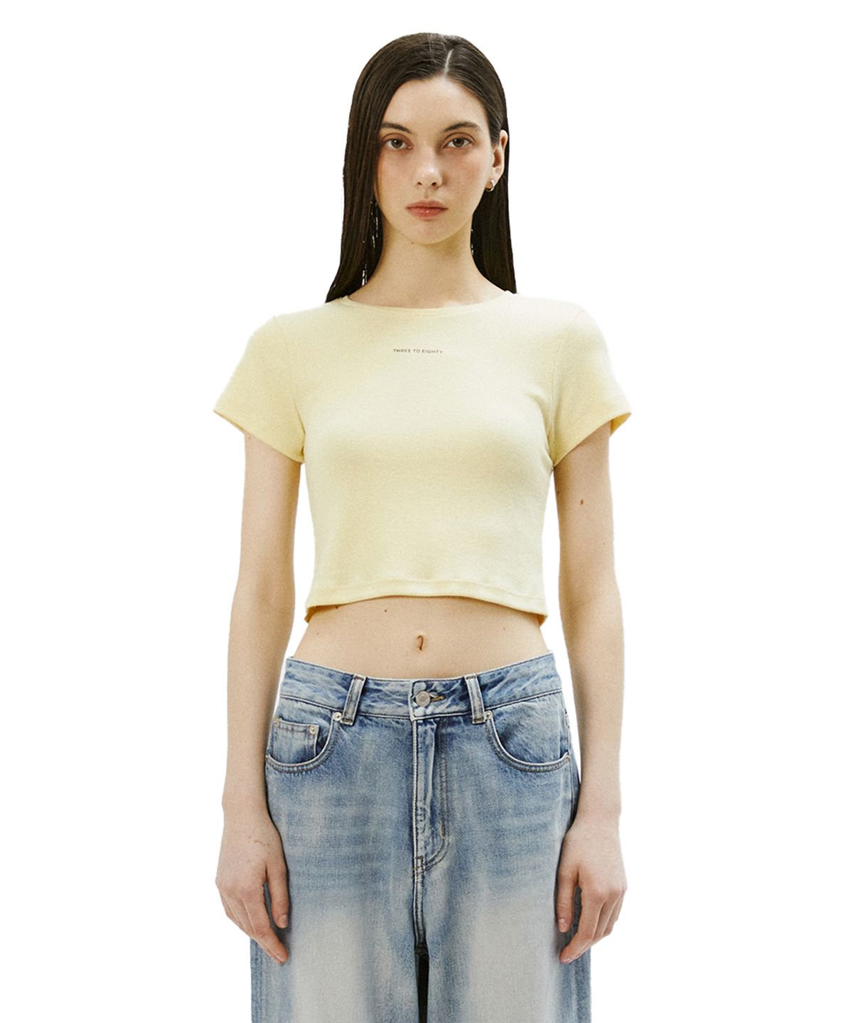 쓰리투에이티(THREE TO EIGHTY) BASIC LOGO CROP T-SHIRT (YELLOW)