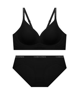 볼륨 후크형 심리스 노와이어브라 팬티 세트_블랙