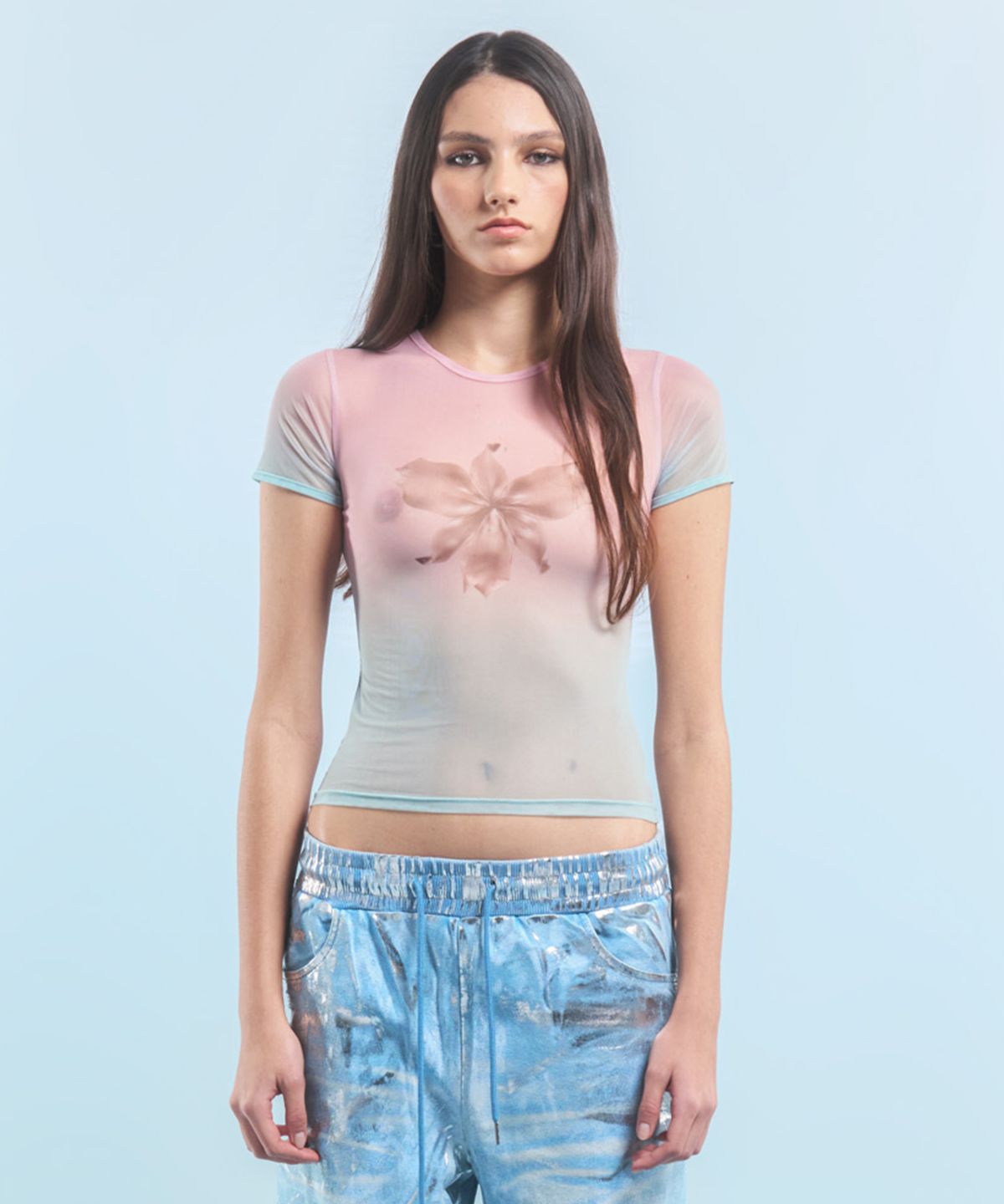 2000아카이브스(2000ARCHIVES) METAL FLOWER SEE-THROUGH T-SHIRT (PINK - MINT)