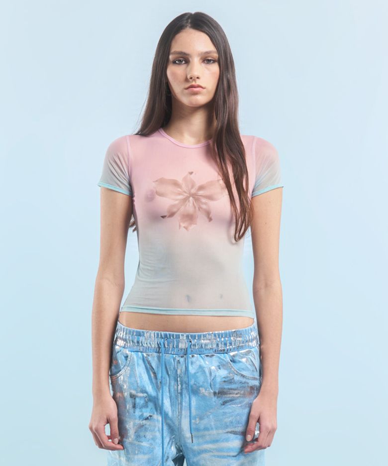 METAL FLOWER SEE-THROUGH T-SHIRT (PINK - MINT)