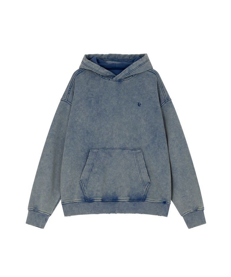 WASHED DAMAGE HOODED TOP, BLUE