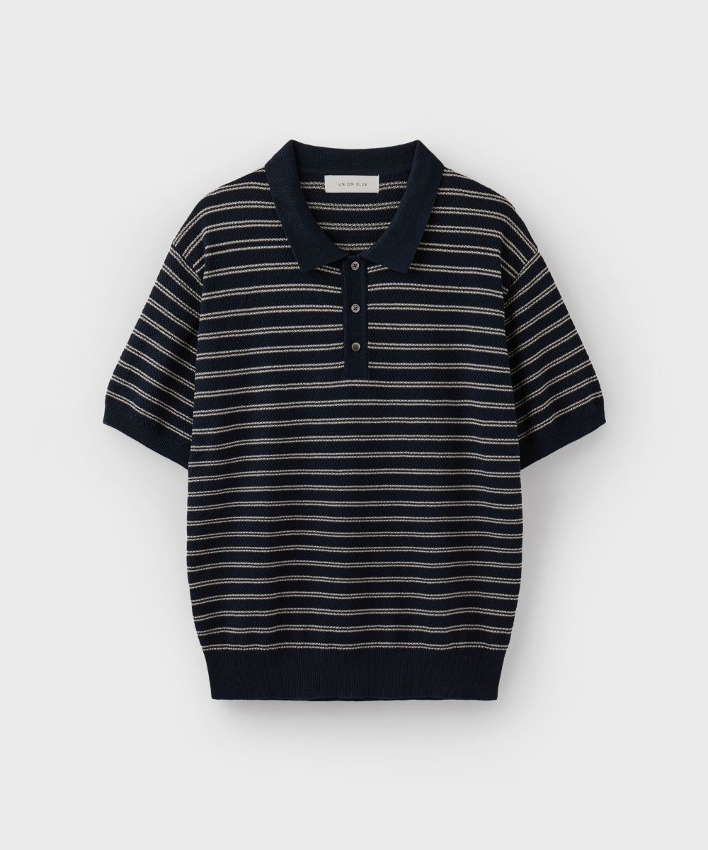 MUSINSA | UNION BLUE HARD TWIST 2LINE STRIPE POLO KNIT [BEIGE]