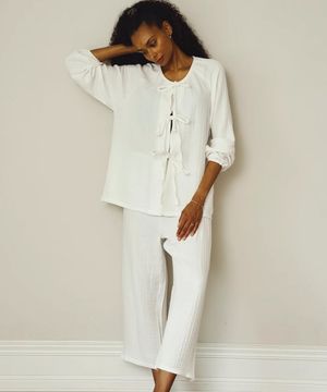 모슬린 거즈 리본 긴팔 상하 세트