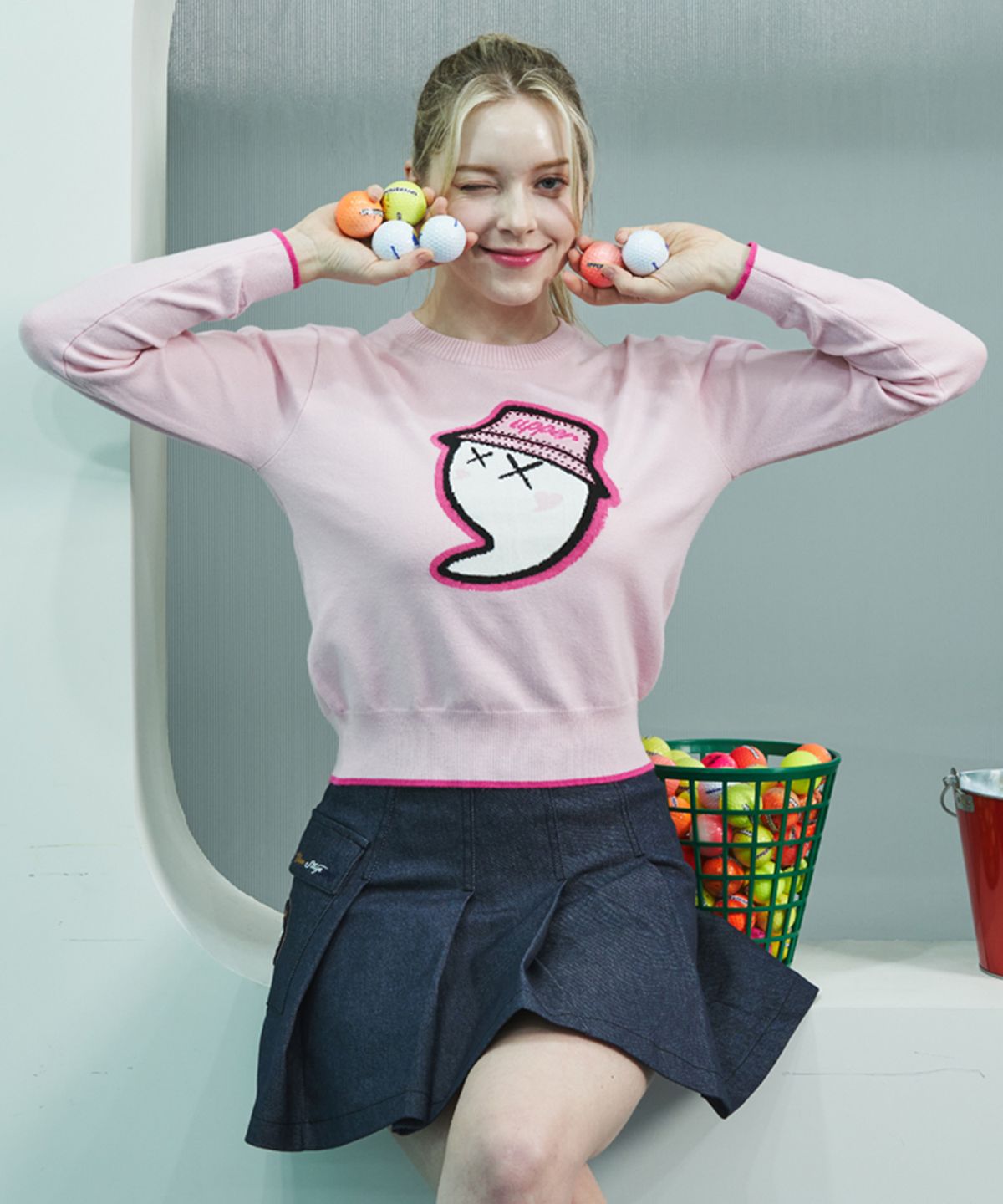 어퍼스트롭 골프(UPPERSTROP GOLF) [UPW4004] UPST GOLF 여성 콤마 그래픽 라운드 니트 핑크