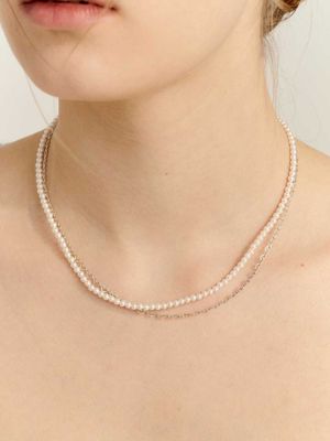 [In513]Layerd Pearl Chain Silver Necklace