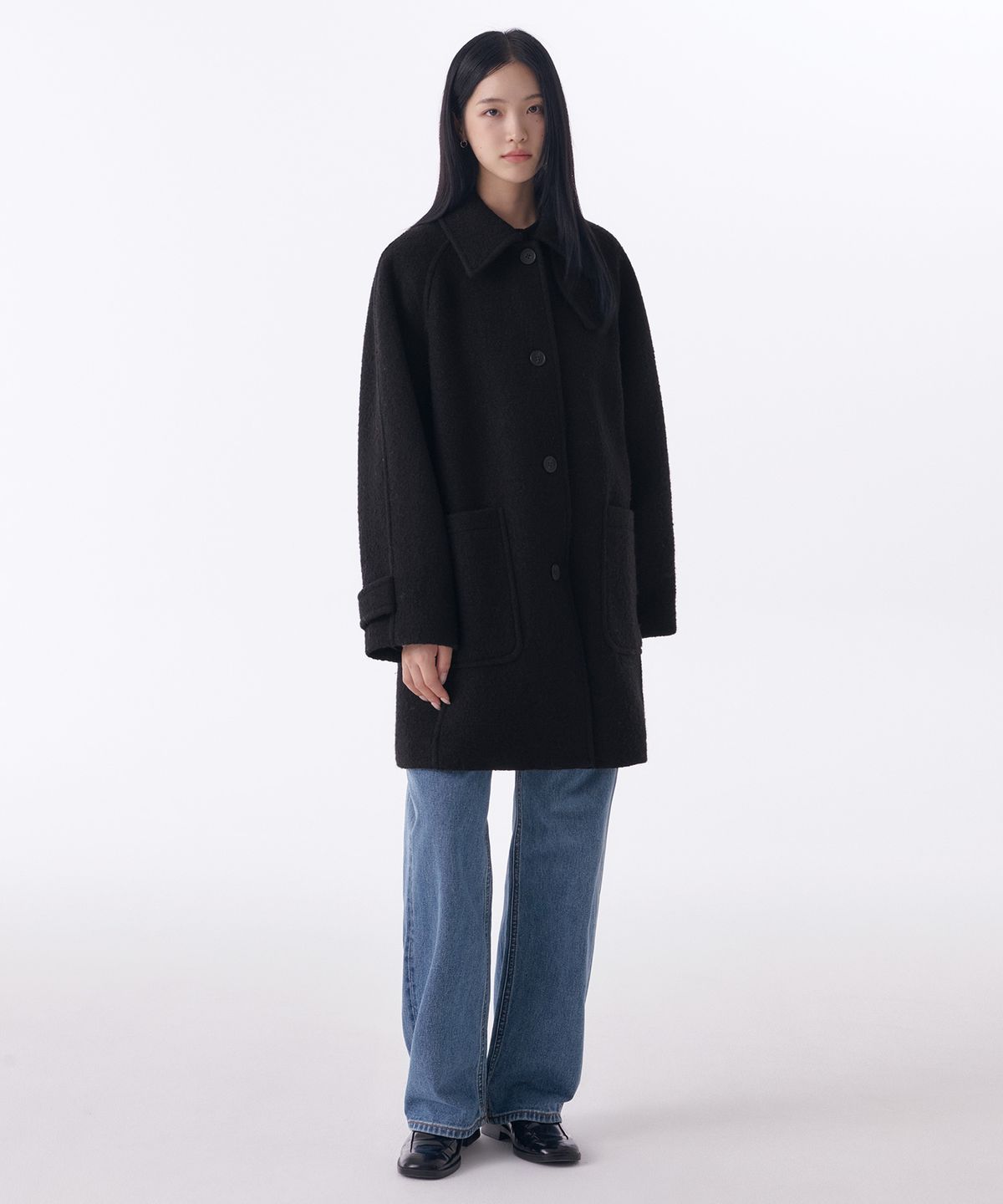 무신사 스탠다드 우먼(MUSINSA STANDARD WOMAN) 우먼즈 울 블렌드 부클 발마칸 하프 코트 [블랙]