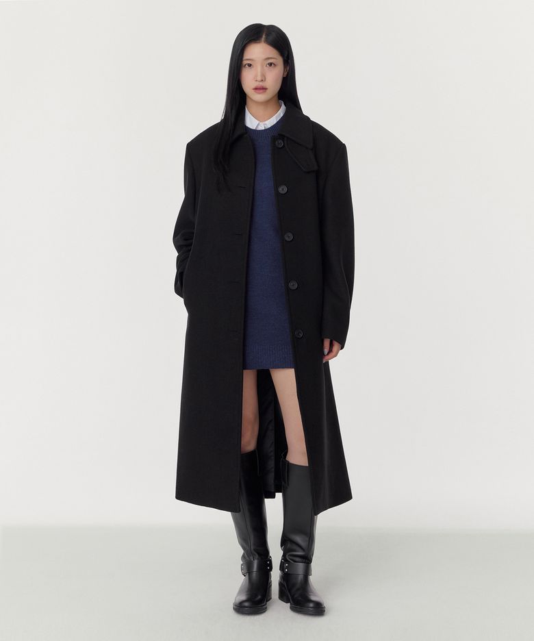 우먼즈 울 블렌드 오버 숄더 맥 코트 [블랙]