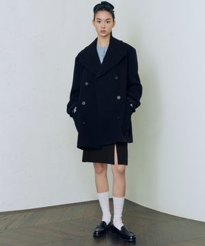 우먼즈 울 블렌드 오버 숄더 피 코트 [네이비]