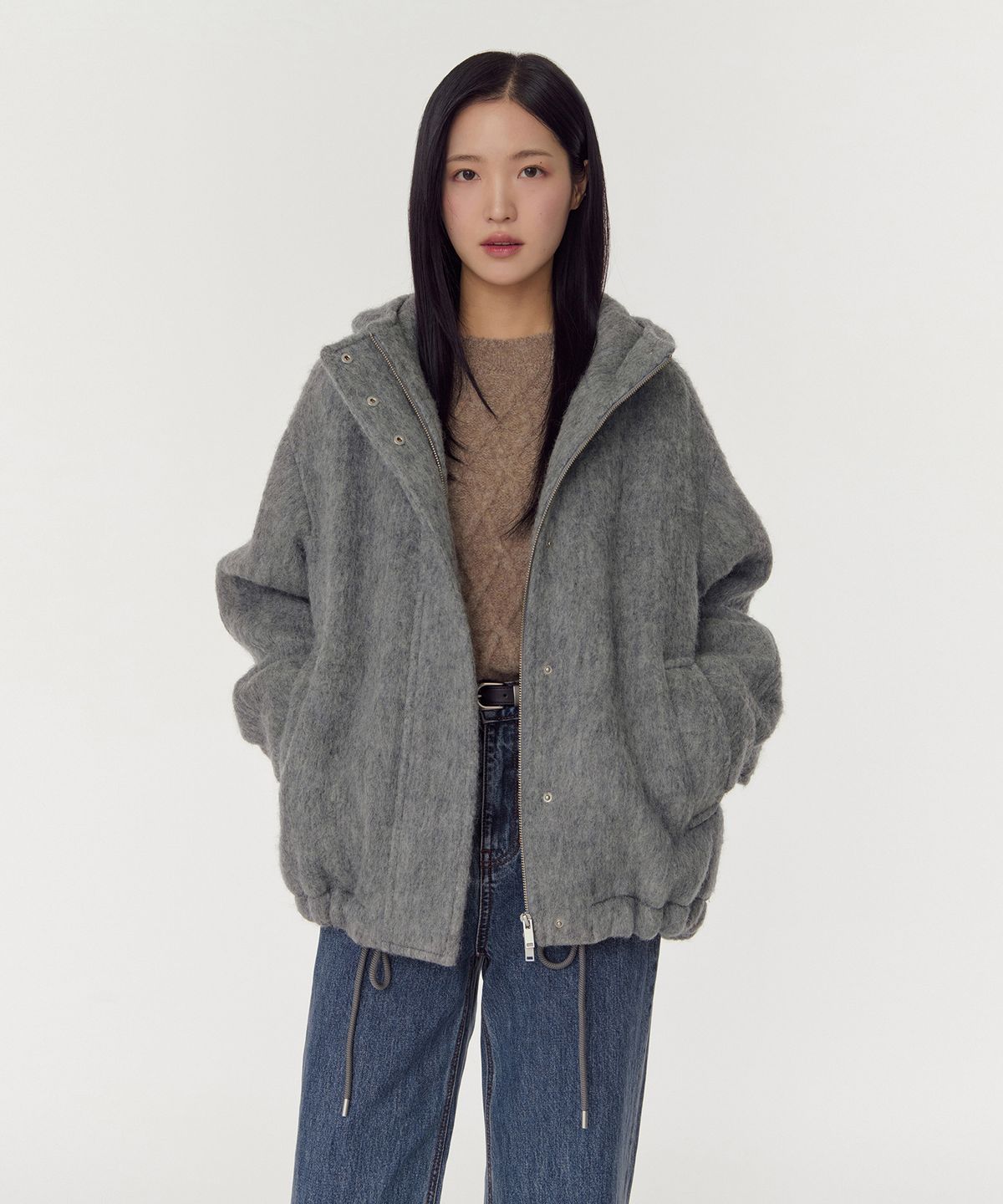 무신사 스탠다드 우먼(MUSINSA STANDARD WOMAN) 우먼즈 알파카 블렌드 후디드 쇼트 코트 [미디엄 그레이]