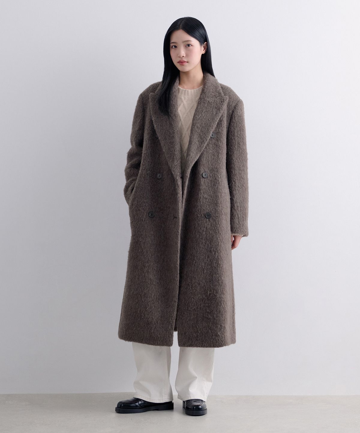 무신사 스탠다드 우먼(MUSINSA STANDARD WOMAN) 우먼즈 헤어리 알파카 블렌드 오버 숄더 더블 코트 [브라운]