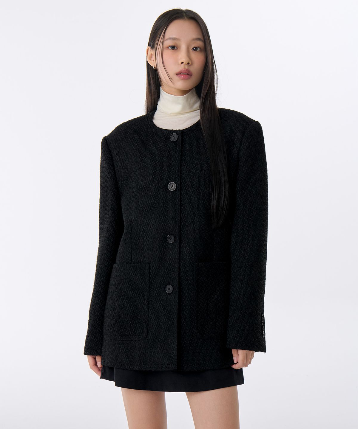무신사 스탠다드 우먼(MUSINSA STANDARD WOMAN) 우먼즈 라운드 넥 트위드 하프 재킷 [블랙]