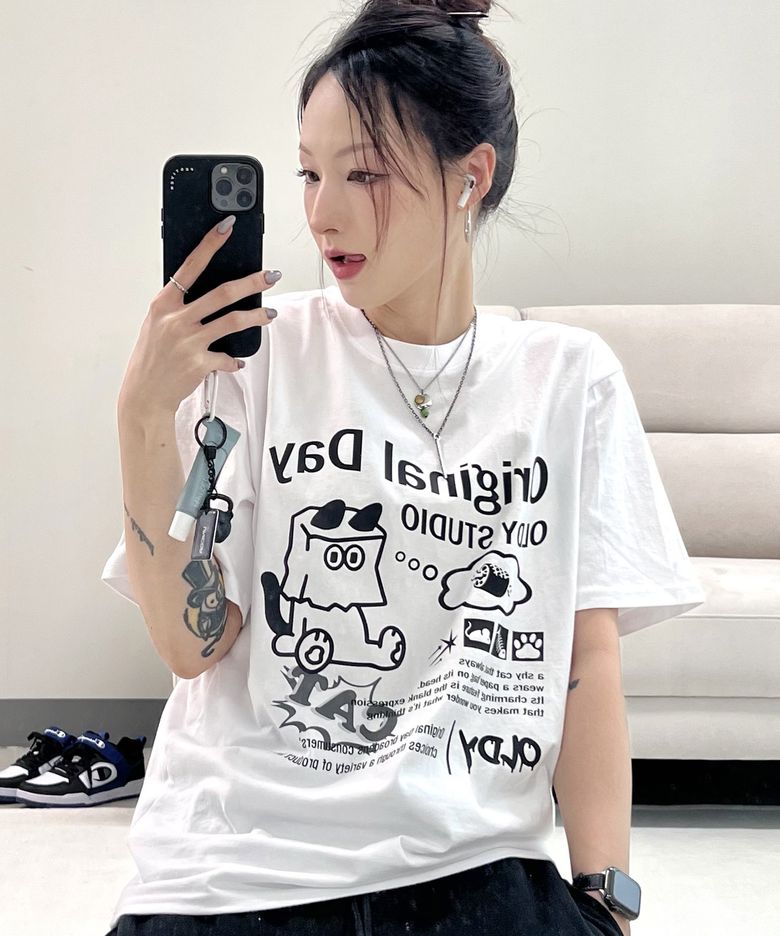 종이봉투 고양이 그래픽 티셔츠 오버핏 남녀공용 White