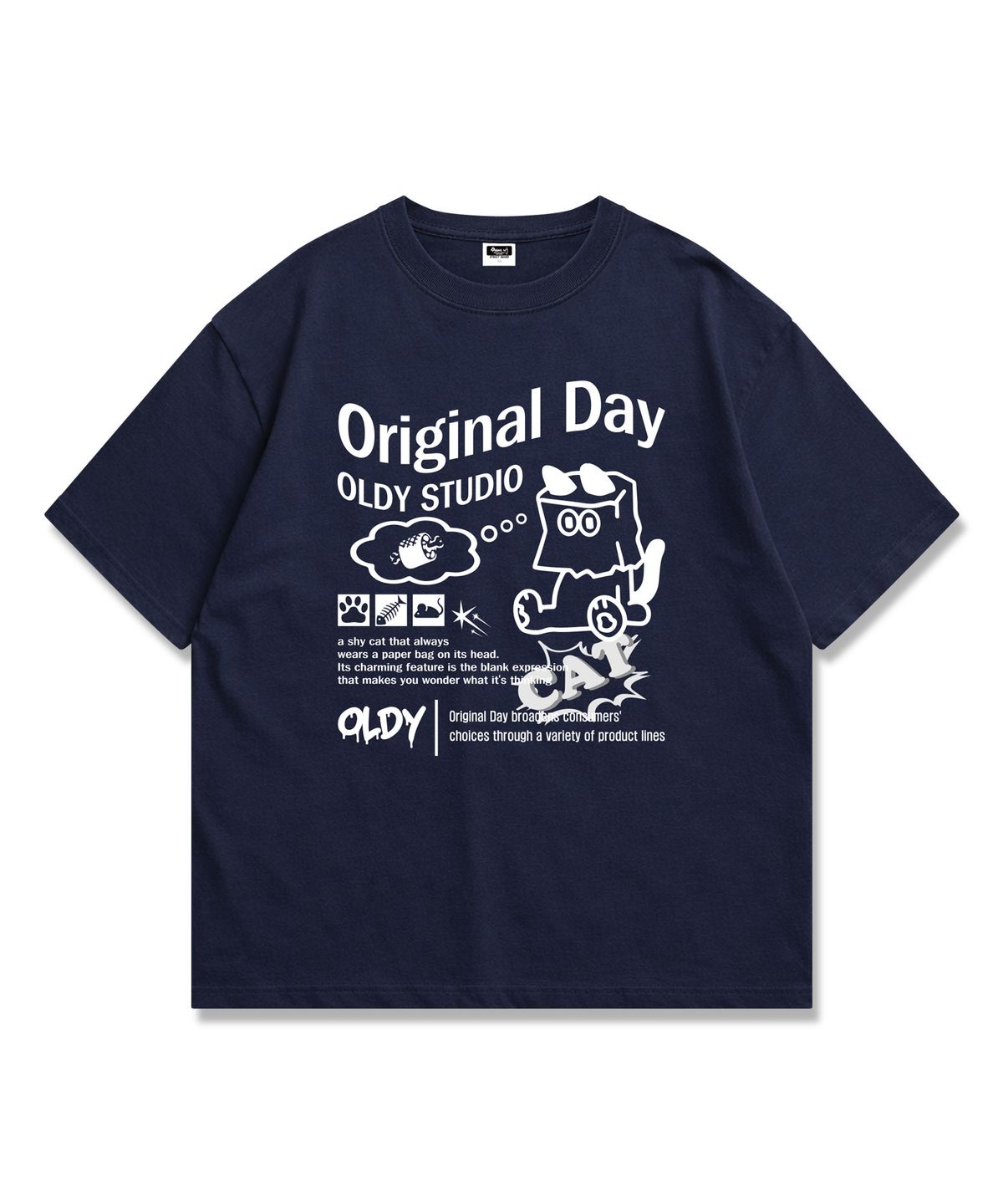 오리지널데이(ORIGINALDAY) 종이봉투 고양이 그래픽 티셔츠 오버핏 남녀공용 Navy